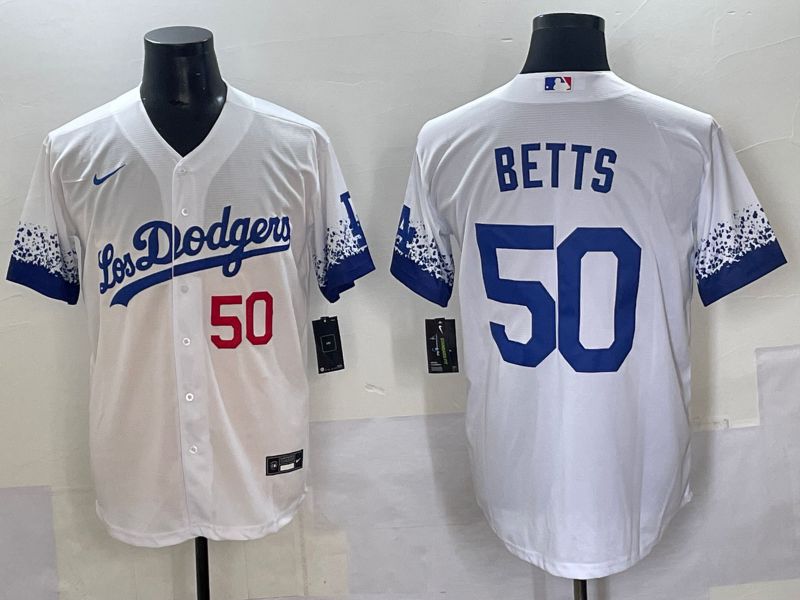 Men Los Angeles Dodgers #50 Betts White blue City Edition Nike MLB Jersey style 4